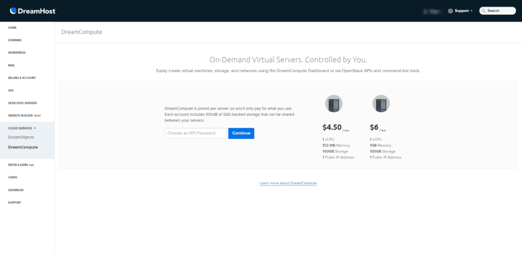 DreamHost asking first time DreamCompute users to setup an API password