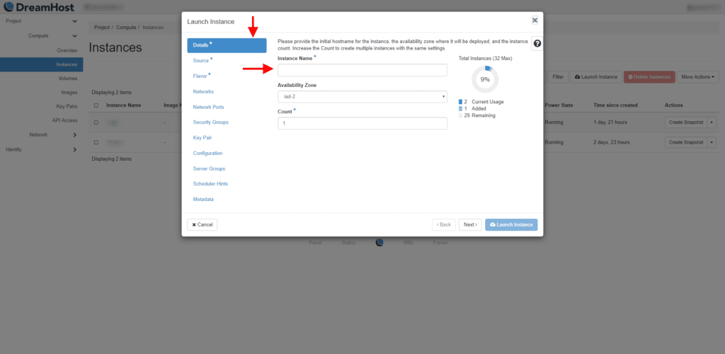 DreamCompute details tab in Launch Instance modal.