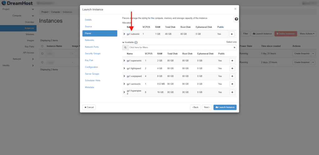 DreamCompute flavor tab in Launch Instance modal.