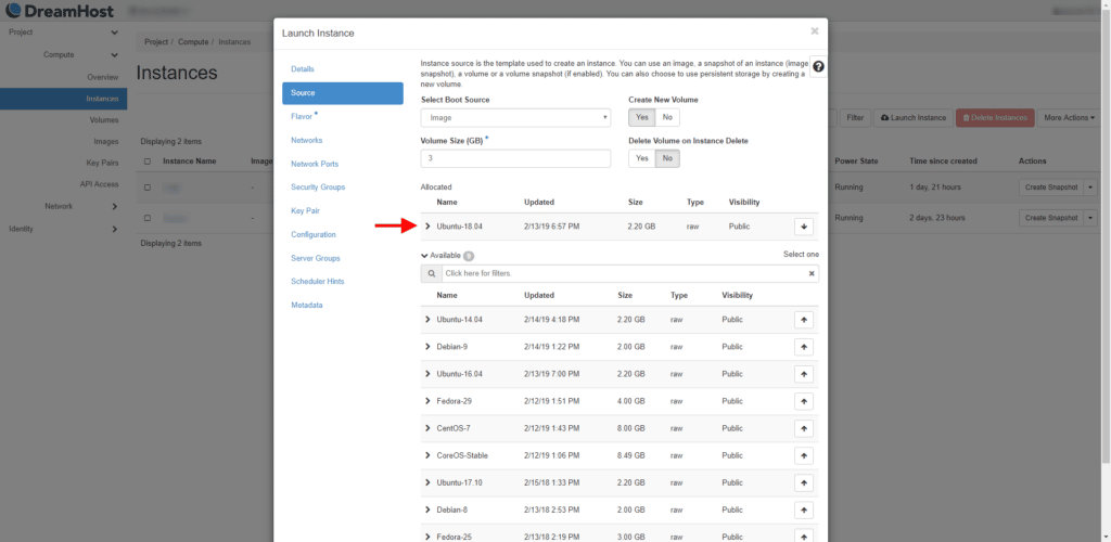 DreamCompute source tab in Launch Instance modal.