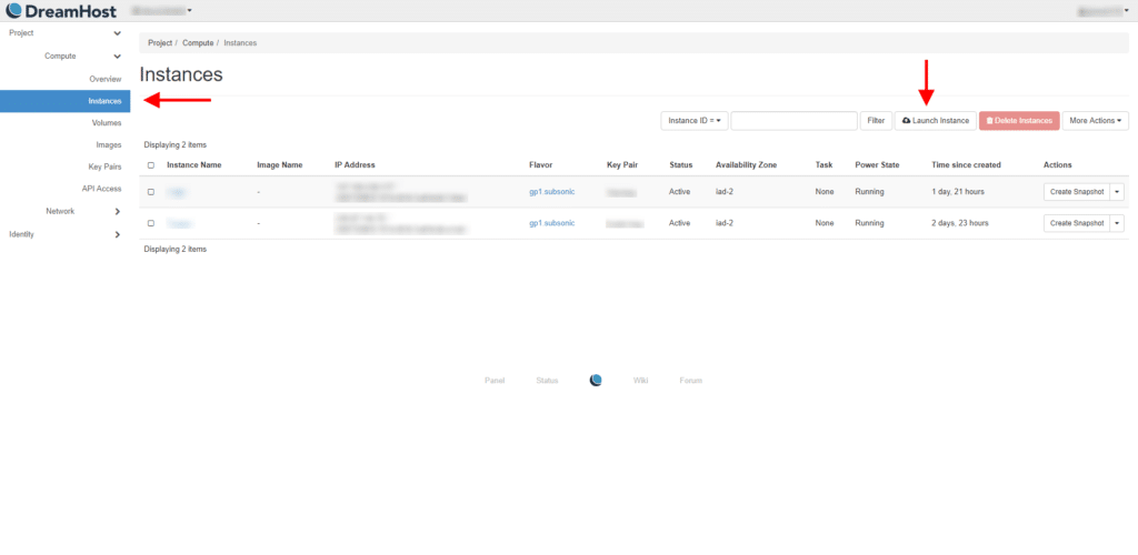 DreamCompute Instances and Launch Instance button location.